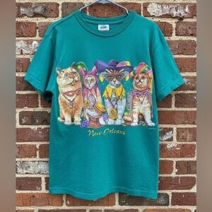 Vintage Global Basics New Orleans Madi Gras Men's Teal Cat T Shirt Size Medium